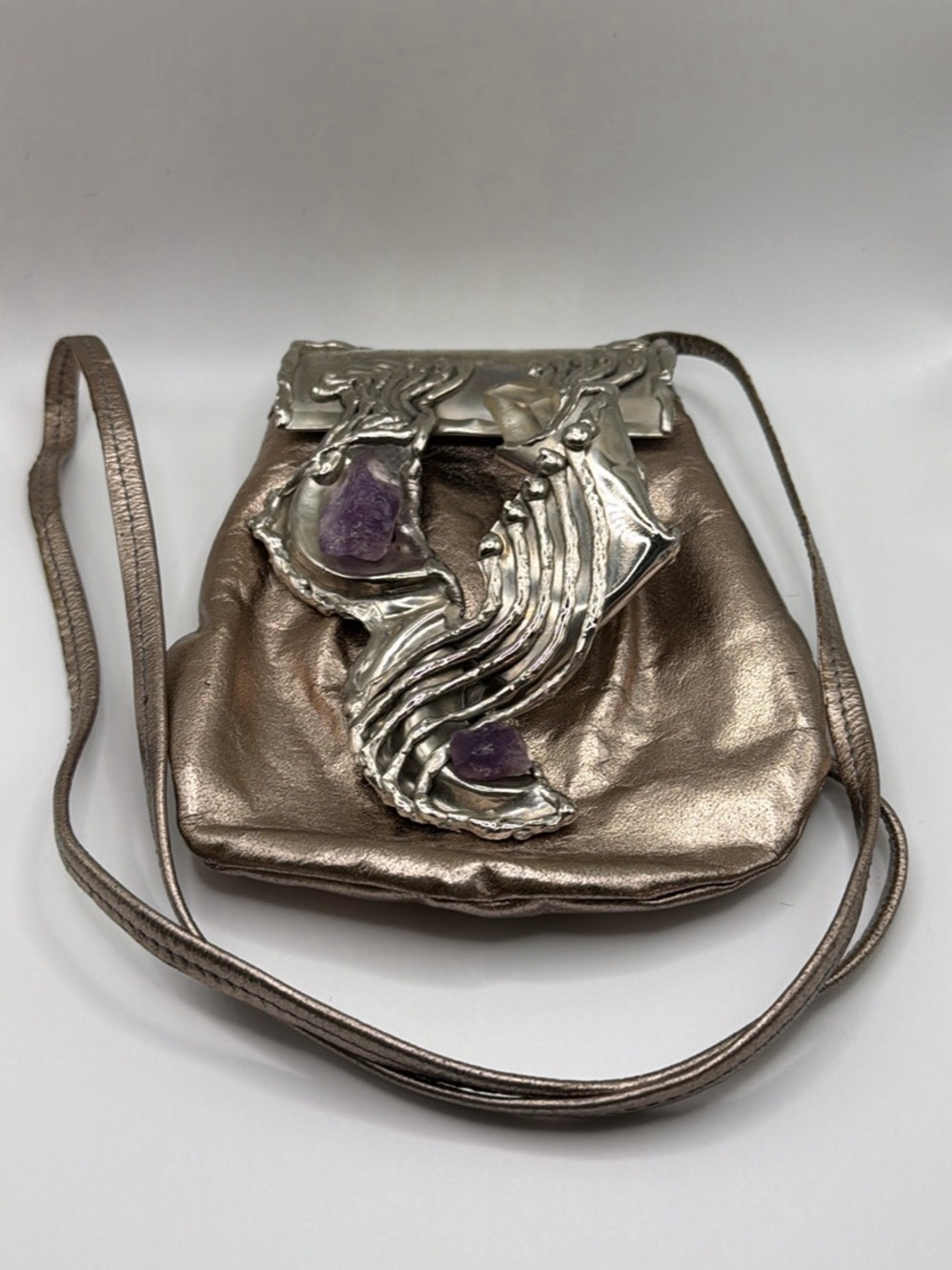 Metallic Bronze Crossbody Bag with Silver Sculptural Accent and Amethyst Details